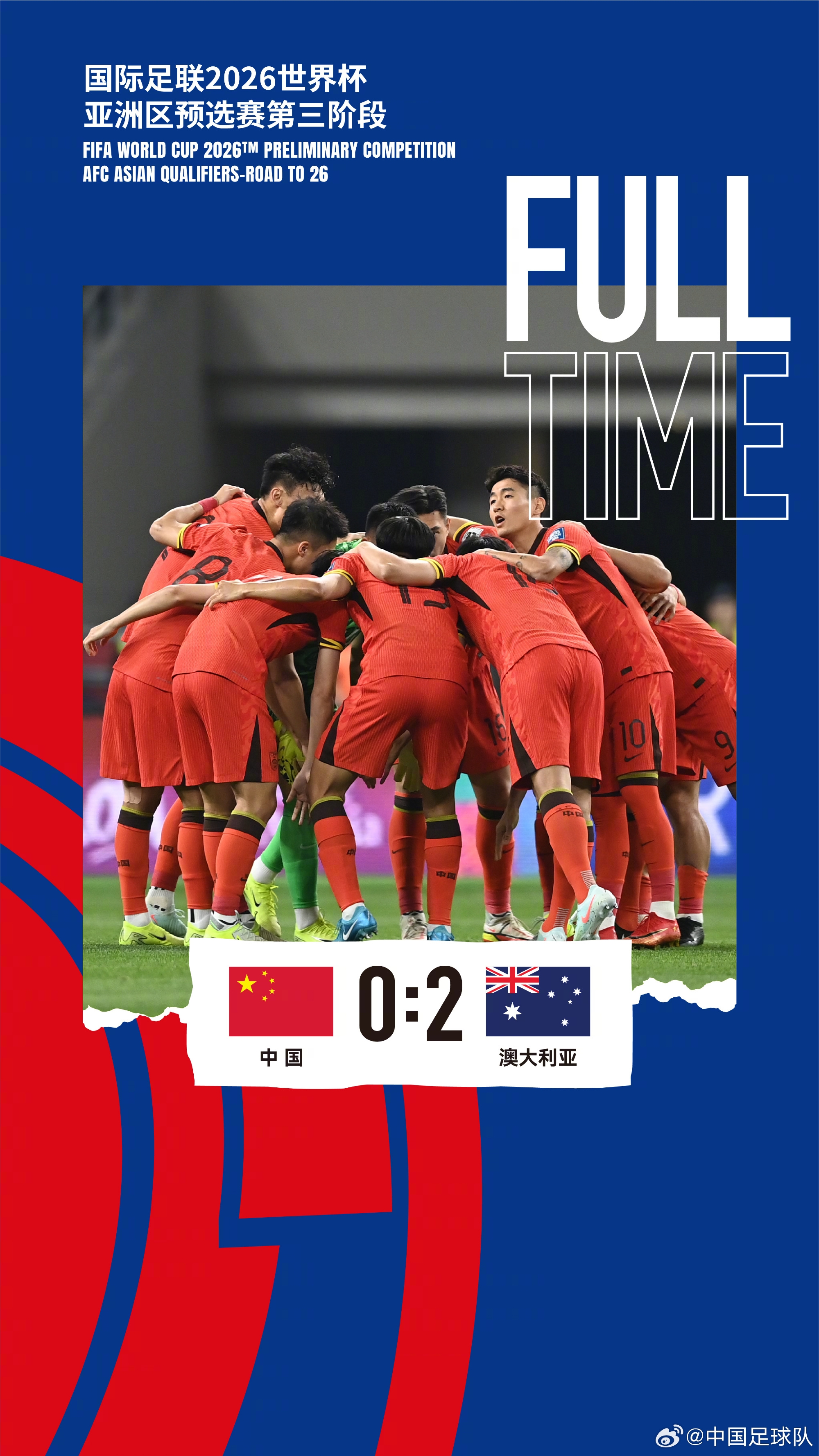 美加墨世界杯亞洲區(qū)預(yù)選賽第三階段第八輪，中國(guó)隊(duì)0-2澳大利亞隊(duì)